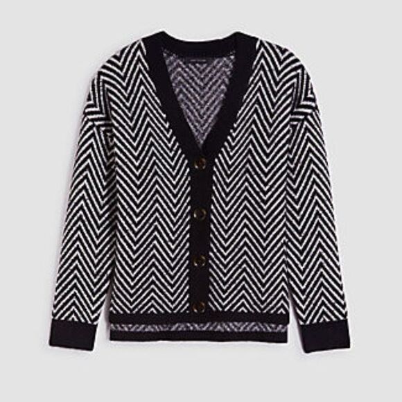 Ann Taylor Black and White Herringbone Chunky Knit Button Cardigan Sweat… - Picture 3 of 3